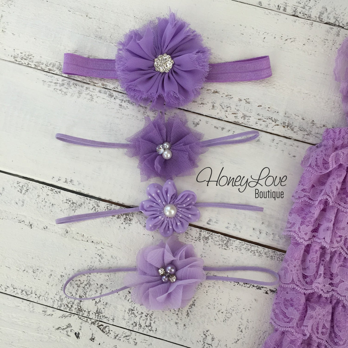 Lace Petti Romper Lavender Purple and matching headband - HoneyLoveBoutique