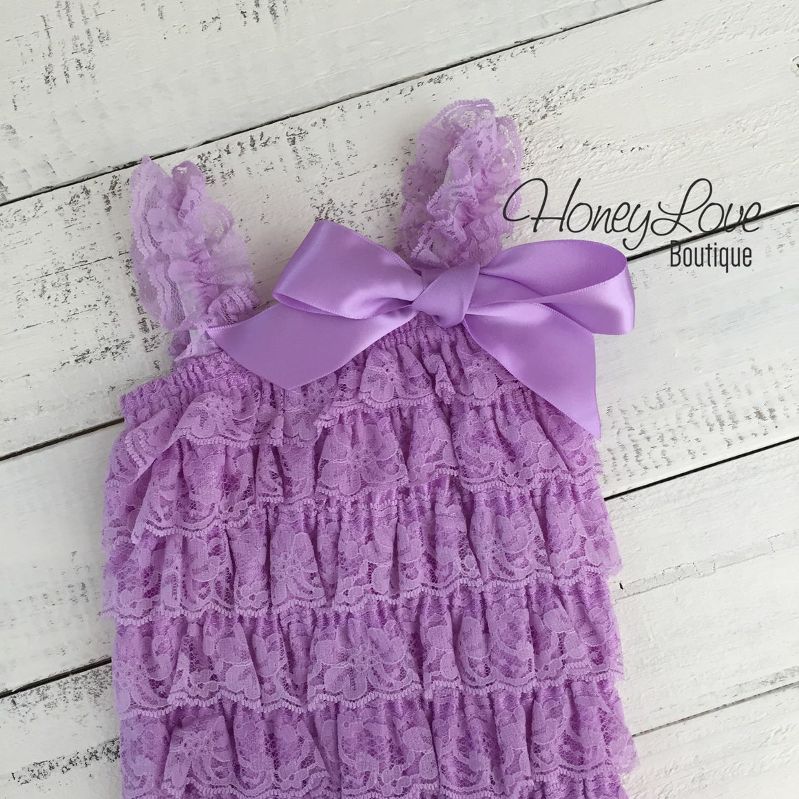Lace Petti Romper Lavender Purple and matching headband - HoneyLoveBoutique