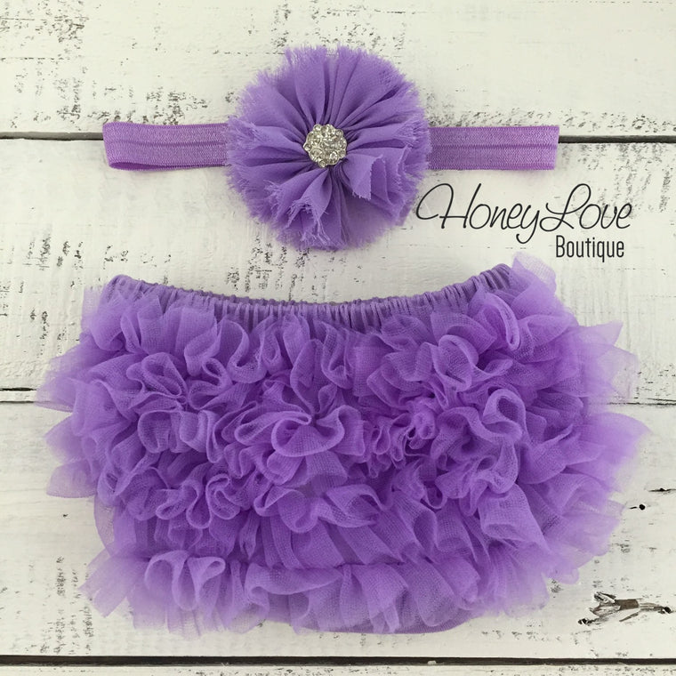 Lavender Purple ruffle bottom bloomer and rhinestone headband - HoneyLoveBoutique