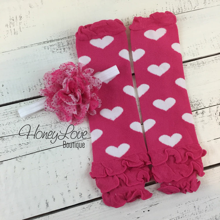 Pink and White Heart Ruffle bottom leg warmers and optional flower headband - HoneyLoveBoutique