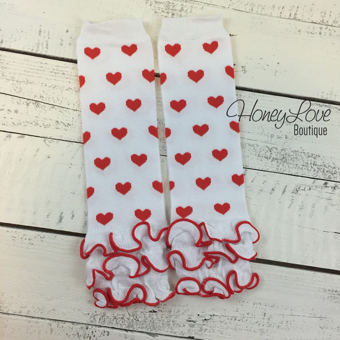 Red and White heart leg warmers, red flower headband, ruffle bottom bloomers - HoneyLoveBoutique