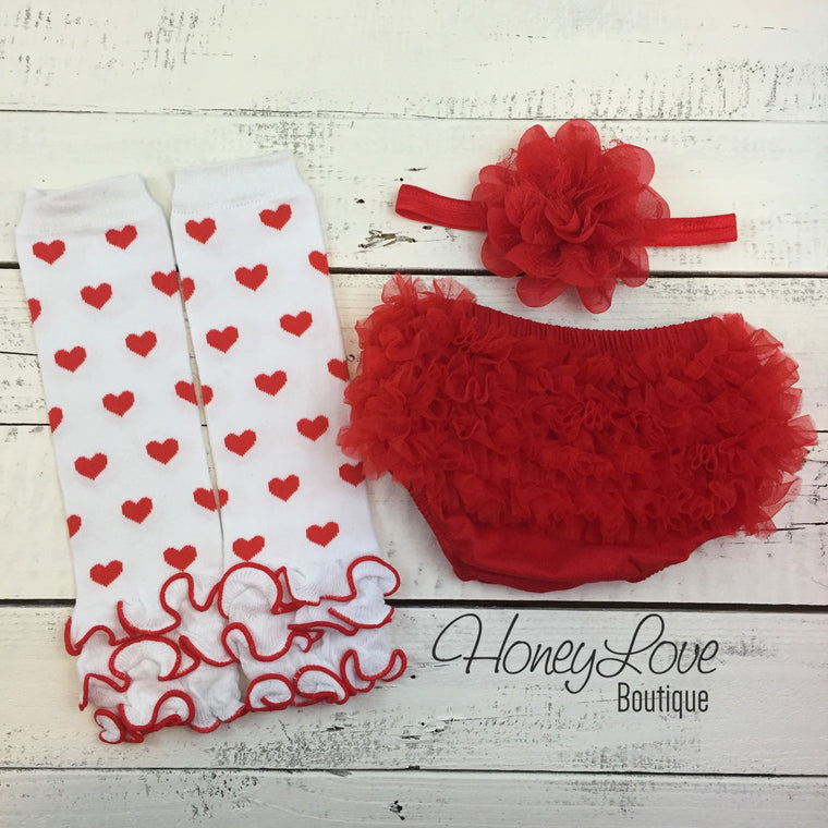 Red and White heart leg warmers, red flower headband, ruffle bottom bloomers - HoneyLoveBoutique