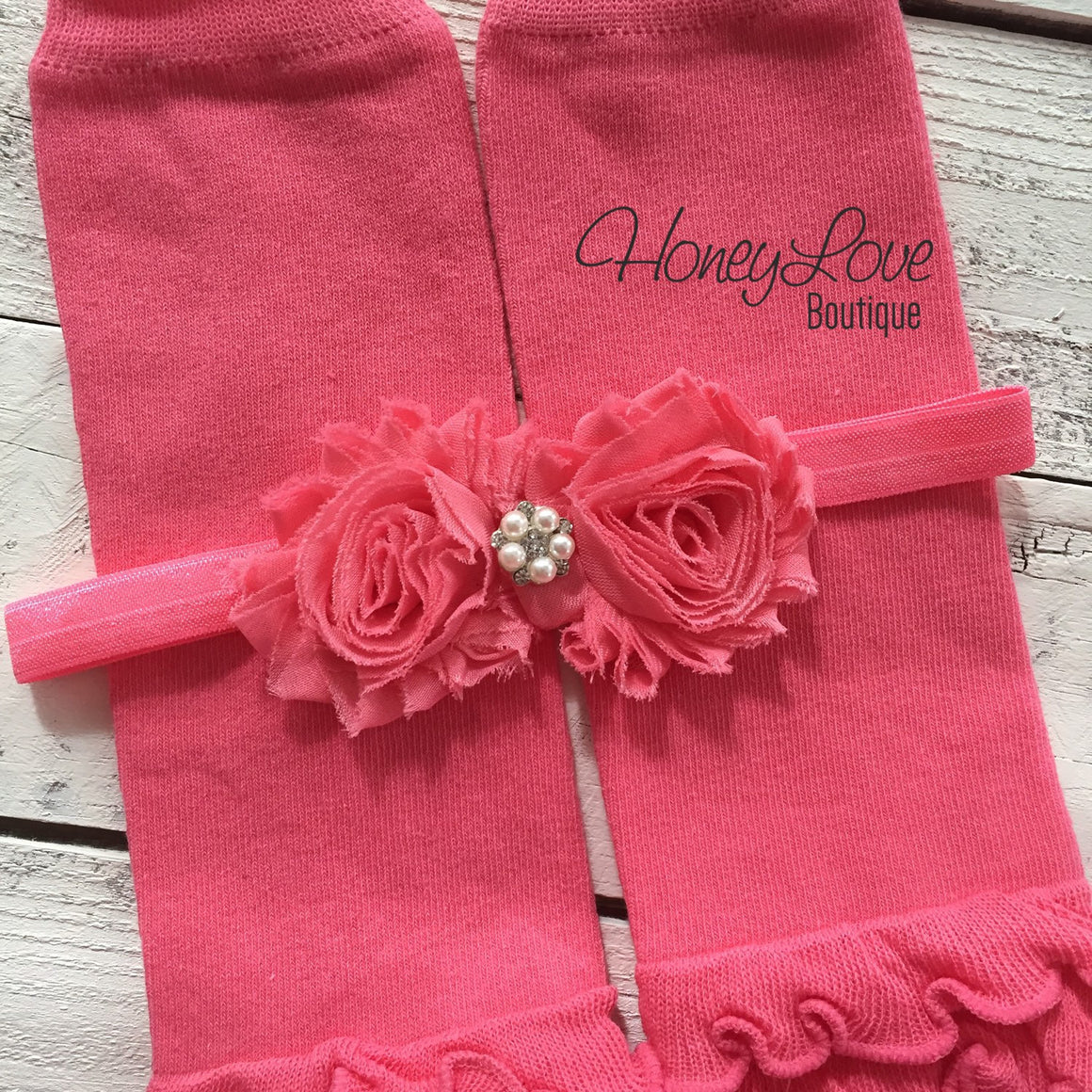 Coral Pink Ruffle Leg Warmers and matching headband - HoneyLoveBoutique
