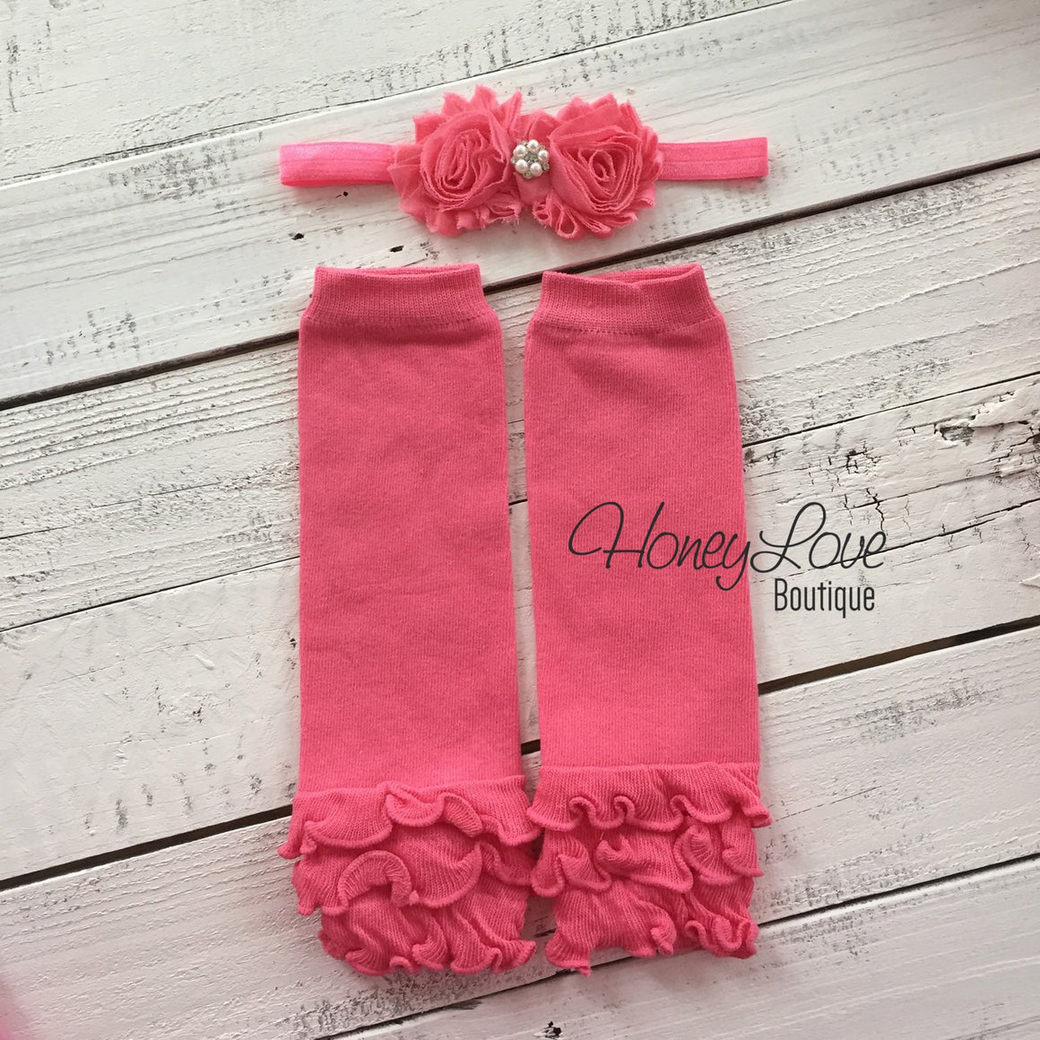 Coral Pink Ruffle Leg Warmers and matching headband - HoneyLoveBoutique