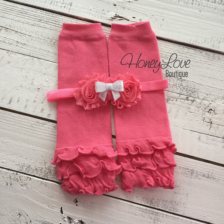 Coral Pink Ruffle leg warmers and matching headband - HoneyLoveBoutique