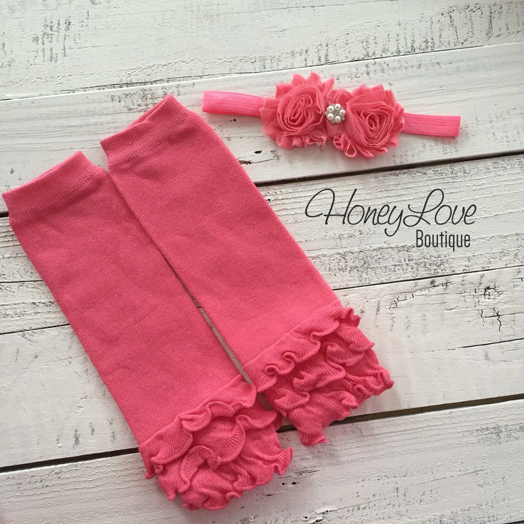 Coral Pink Ruffle Leg Warmers and matching headband - HoneyLoveBoutique