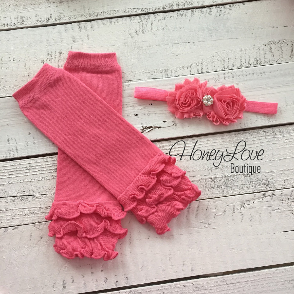 Coral Pink Ruffle Leg Warmers and matching headband - HoneyLoveBoutique
