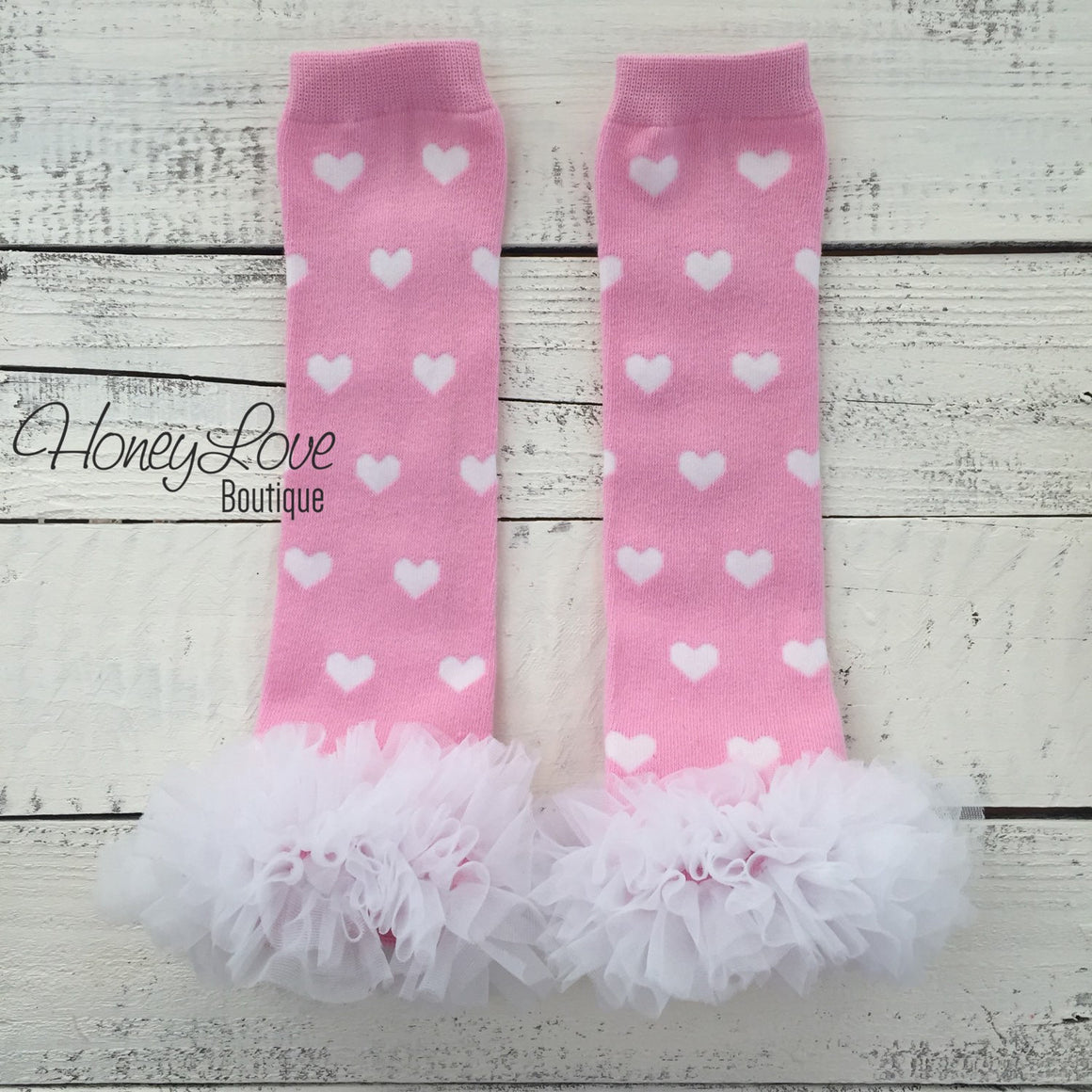 Pink and White heart leg warmers, white flower headband, ruffle bottom bloomer - HoneyLoveBoutique