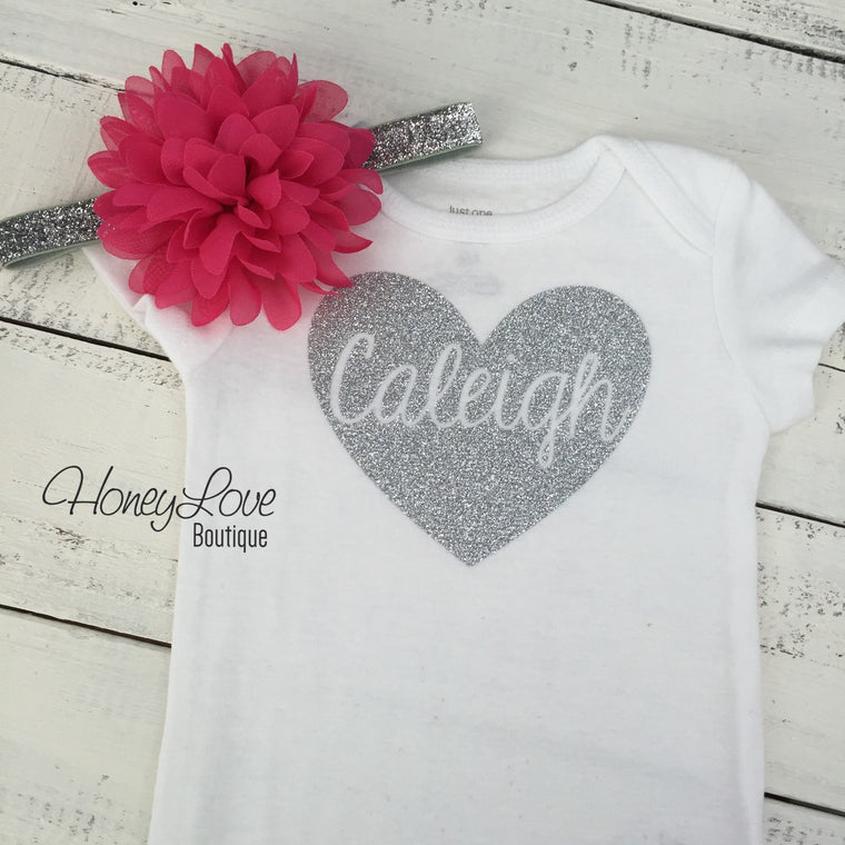 PERSONALIZED Silver or Gold Name in heart bodysuit - optional pink headband - HoneyLoveBoutique