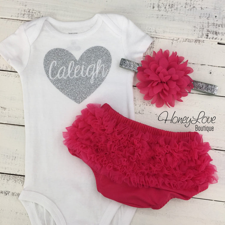 PERSONALIZED Name inside Heart - Watermelon Pink and Silver/Gold Glitter - ruffle bottom bloomer - HoneyLoveBoutique