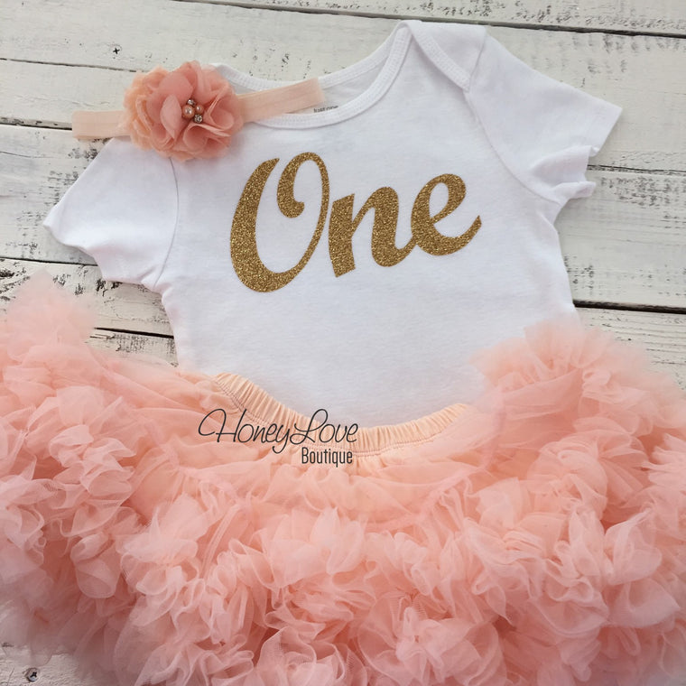 One - Birthday Outfit - Gold glitter and Peach - HoneyLoveBoutique