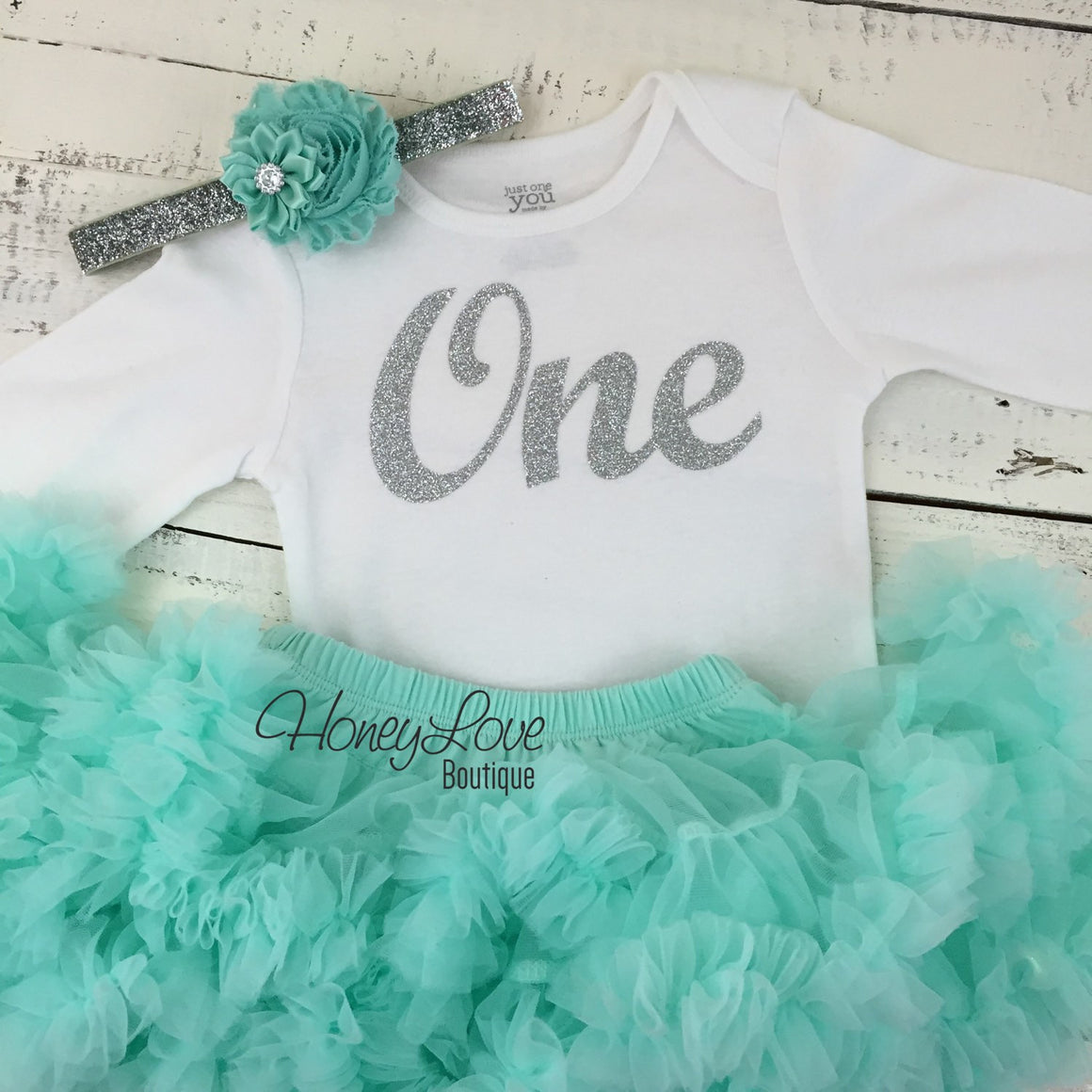 One - Birthday Outfit- silver glitter and mint/aqua - HoneyLoveBoutique