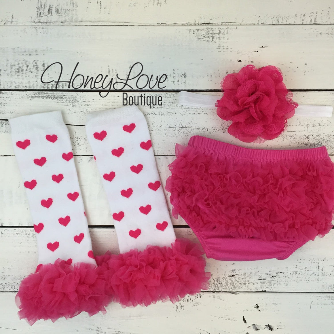 White/Hot Pink Heart leg warmers, flower headband, ruffle bottom bloomers - HoneyLoveBoutique