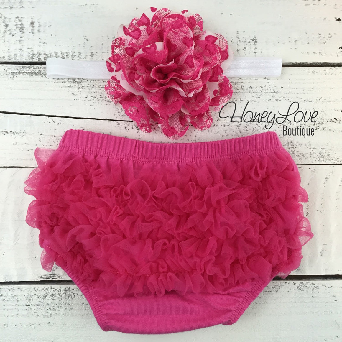 White/Hot Pink Heart leg warmers, flower headband, ruffle bottom bloomers - HoneyLoveBoutique