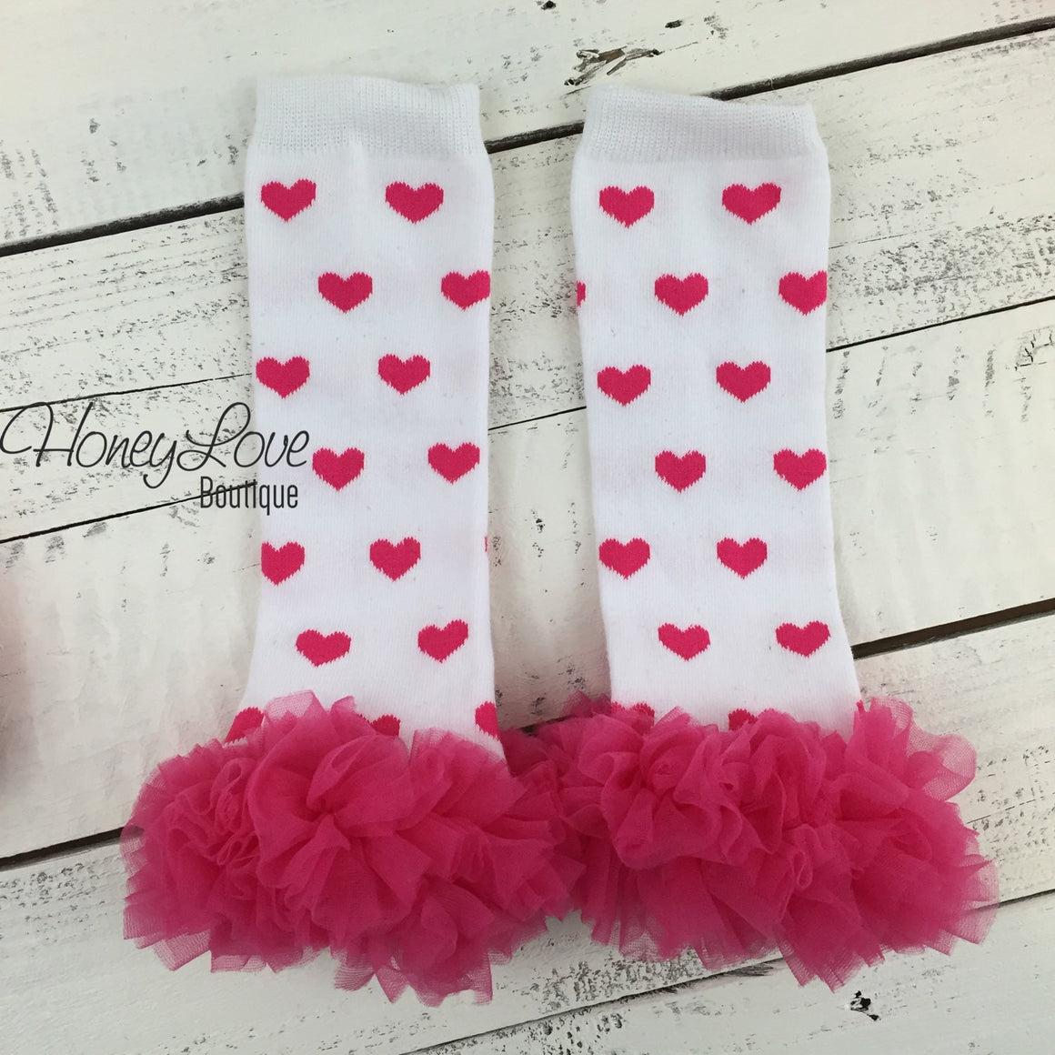 White/Hot Pink Heart leg warmers, flower headband, ruffle bottom bloomers - HoneyLoveBoutique