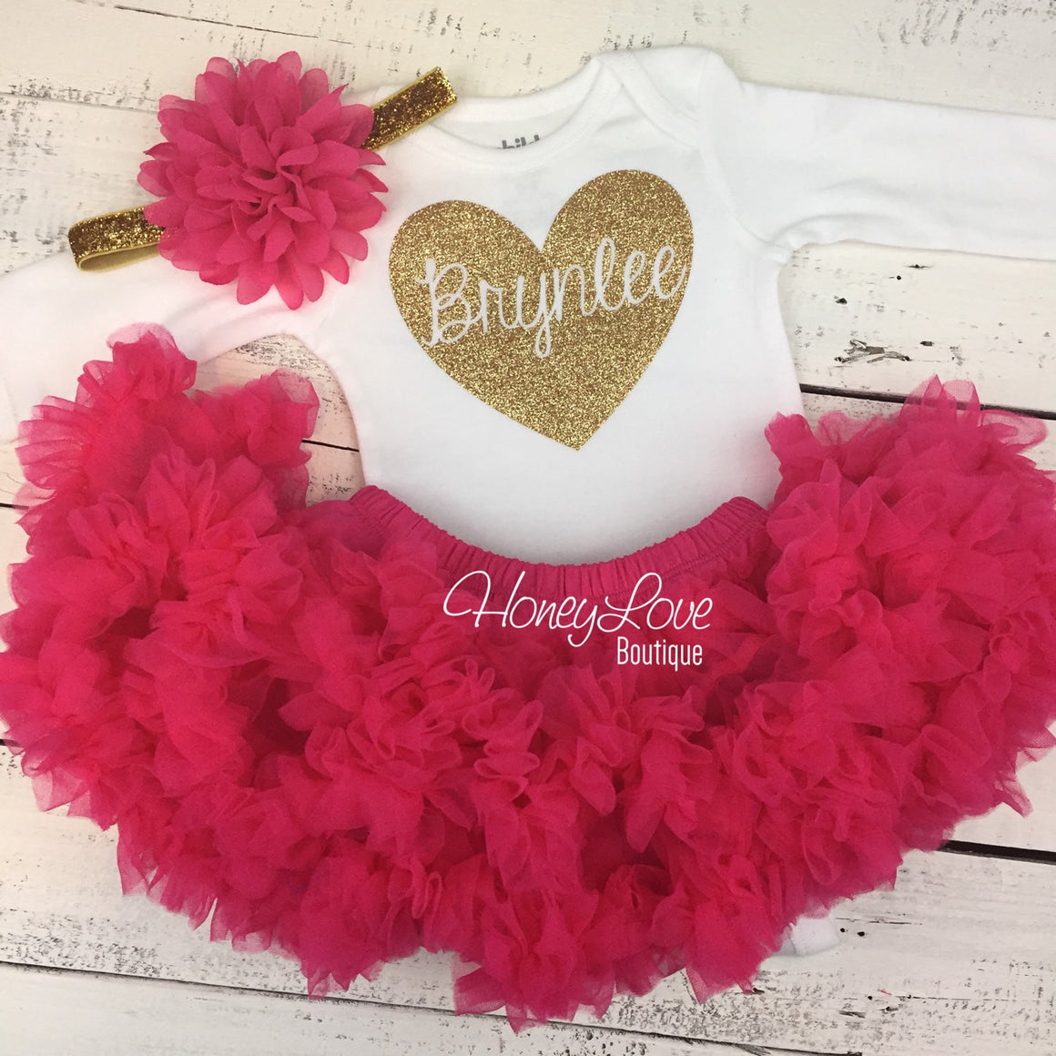 PERSONALIZED Name inside Heart - Gold/Silver and Watermelon Pink Pettiskirt - HoneyLoveBoutique