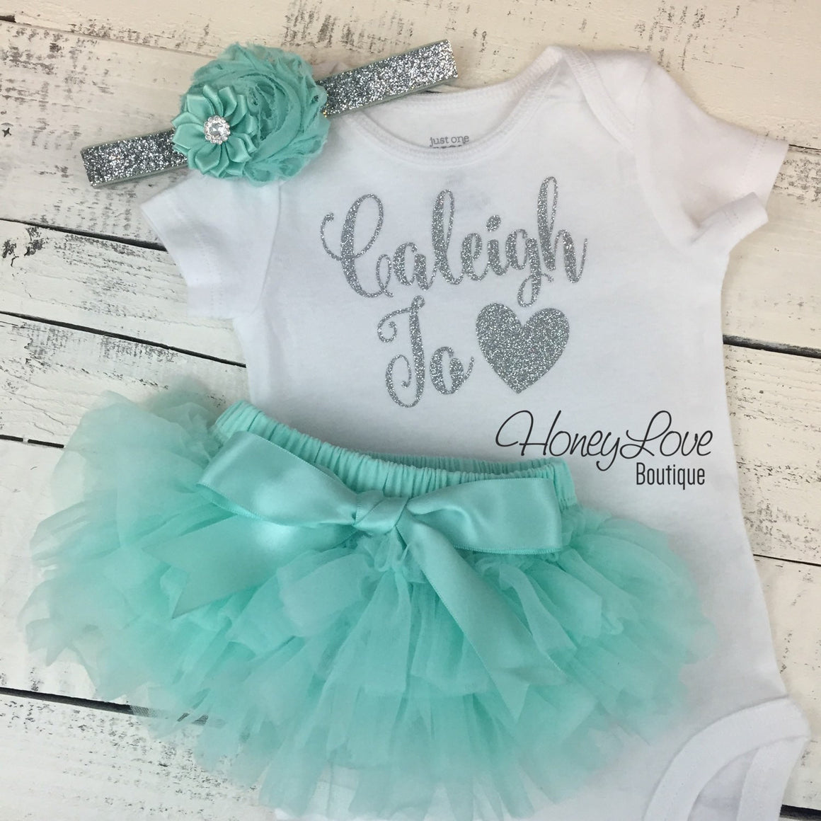 PERSONALIZED Name Outfit - Silver Glitter and Mint/Aqua - HoneyLoveBoutique