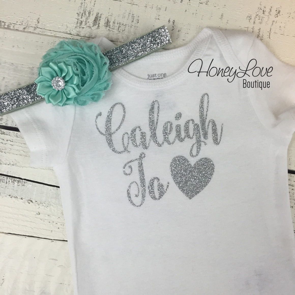 PERSONALIZED Name Outfit - Silver Glitter and Mint/Aqua - HoneyLoveBoutique