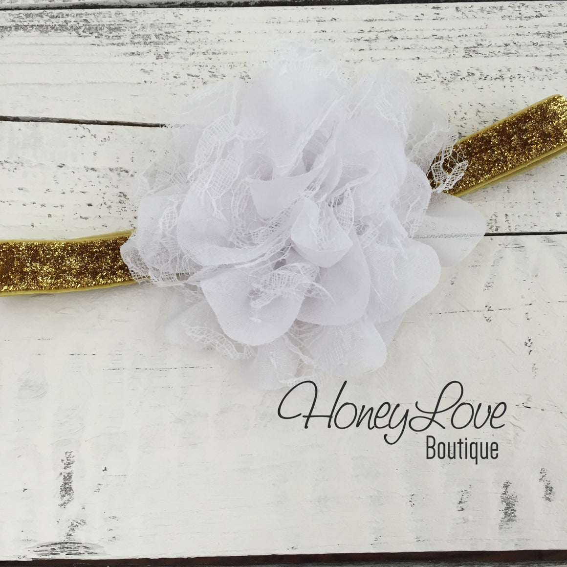 White and gold glitter heart ruffle bottom leg warmers and matching headband - HoneyLoveBoutique