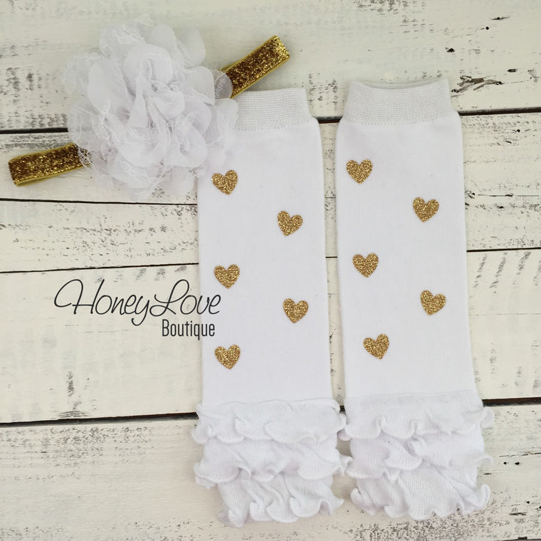 White and gold glitter heart ruffle bottom leg warmers and matching headband - HoneyLoveBoutique