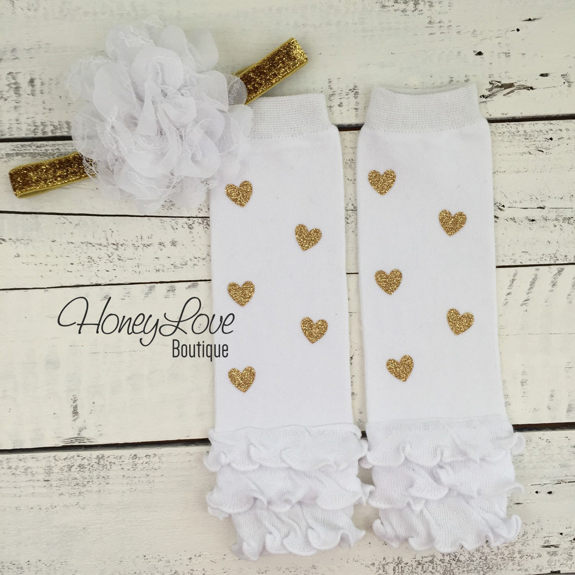 White and gold glitter heart ruffle bottom leg warmers and matching headband - HoneyLoveBoutique