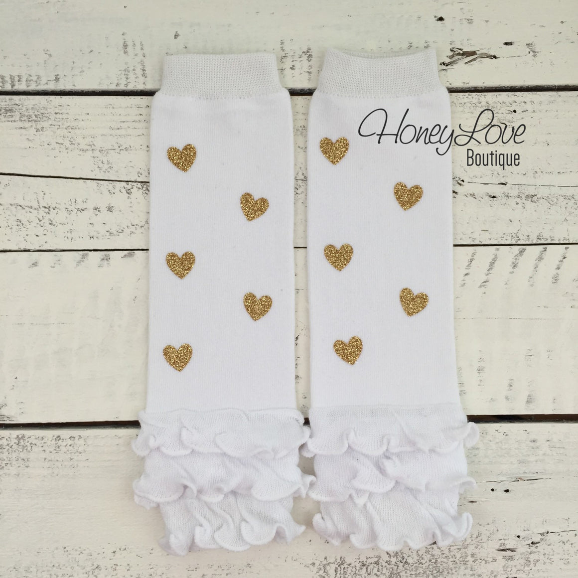 White and gold glitter heart ruffle bottom leg warmers and matching headband - HoneyLoveBoutique