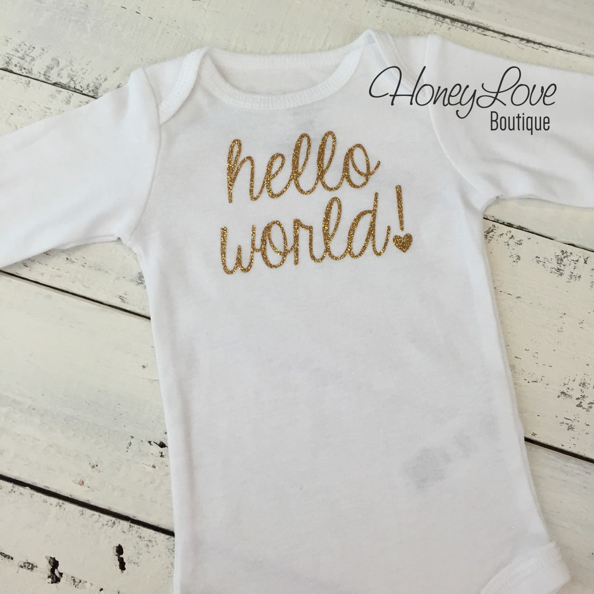 Hello World! Gold Glitter bodysuit and headband set - HoneyLoveBoutique