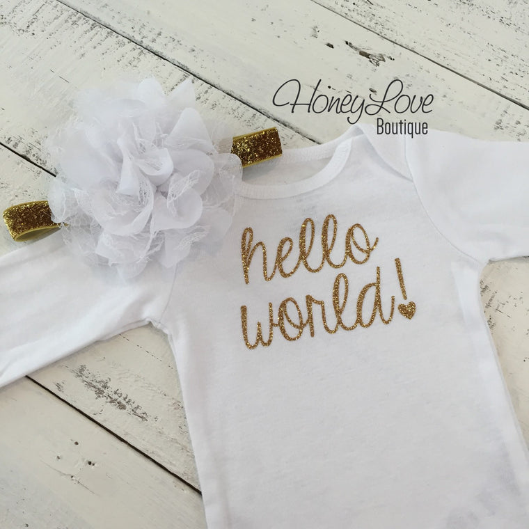 Hello World! Gold Glitter bodysuit and headband set - HoneyLoveBoutique