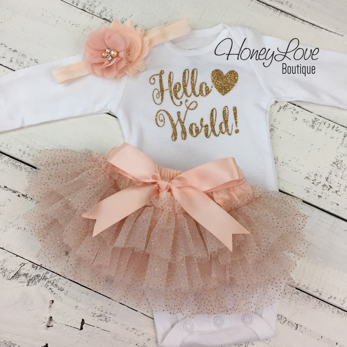 Hello World! Gold glitter and Peach glitter - HoneyLoveBoutique