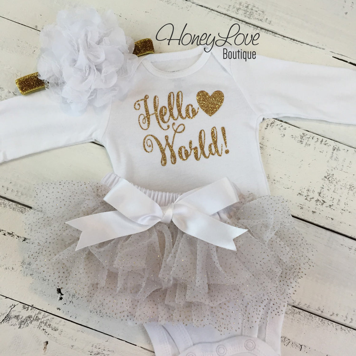 Hello World! Gold Glitter and White/Gold Glitter tutu skirt bloomers - HoneyLoveBoutique