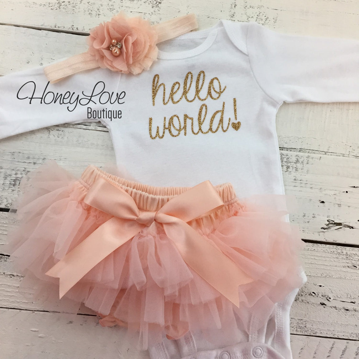 hello world! Outfit - Peach and Gold - HoneyLoveBoutique