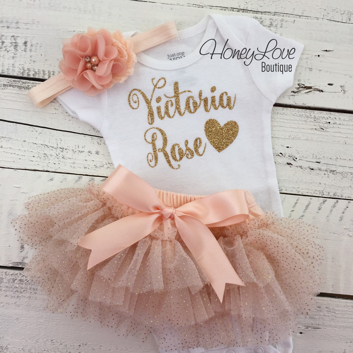 PERSONALIZED Name Outfit - Peach and Gold Glitter - HoneyLoveBoutique