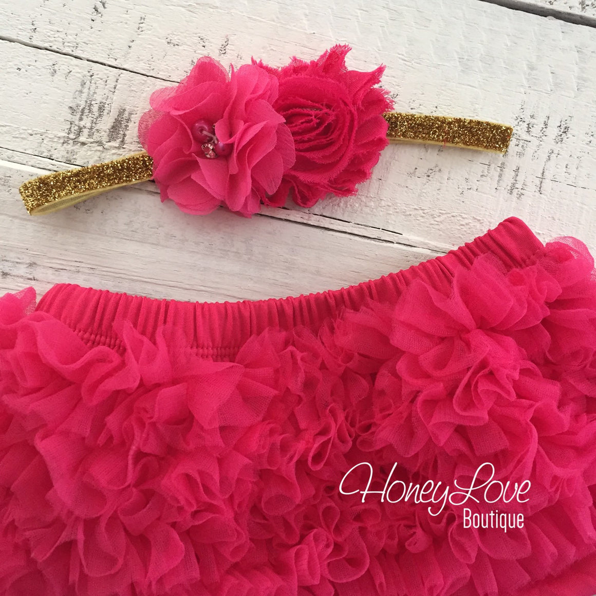 Watermelon Pink ruffle bottom bloomers and gold glitter headband - HoneyLoveBoutique