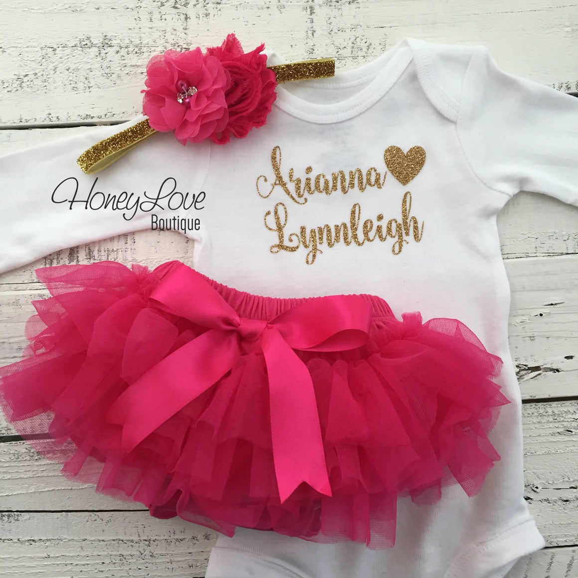 PERSONALIZED Name Outfit - Gold Glitter and Watermelon/Hot Pink - HoneyLoveBoutique