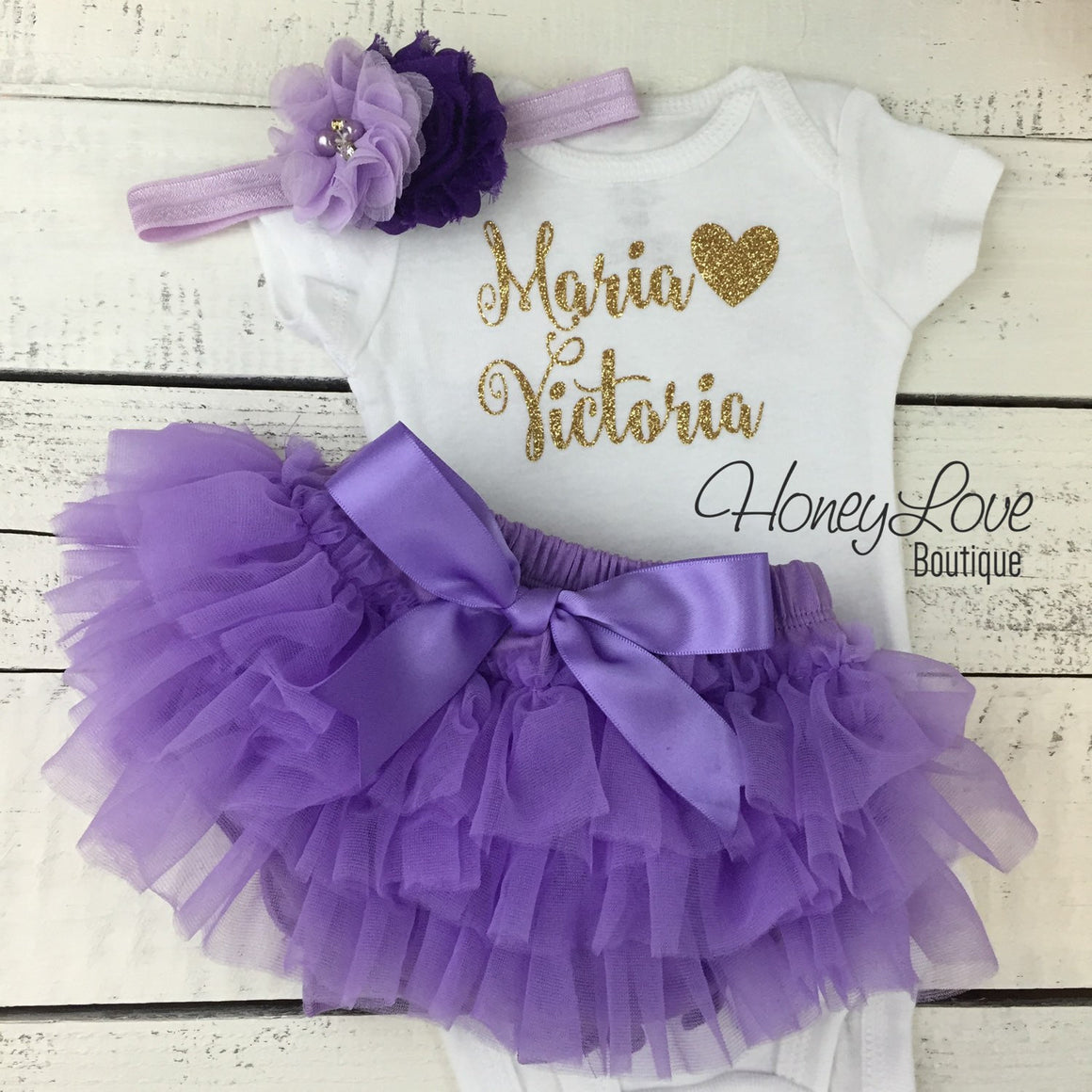 PERSONALIZED Name Outfit - Gold/Silver Glitter and Lavender Purple - HoneyLoveBoutique