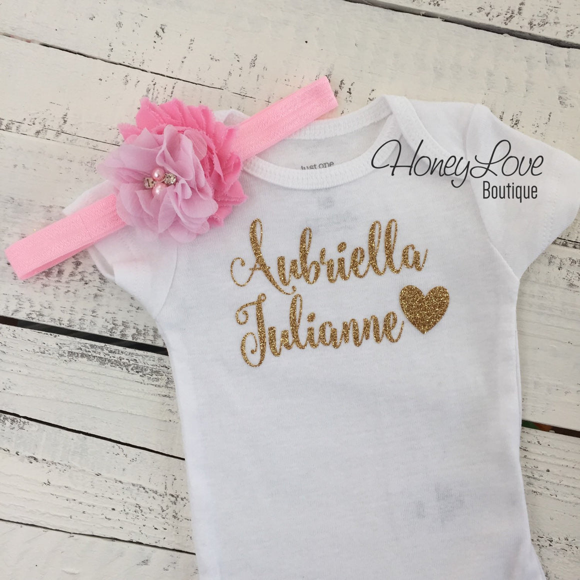 PERSONALIZED Name Outfit - Gold Glitter and Light Pink - HoneyLoveBoutique