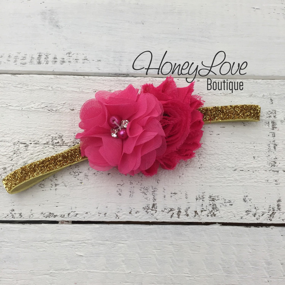 Watermelon Pink ruffle bottom bloomers and gold glitter headband - HoneyLoveBoutique