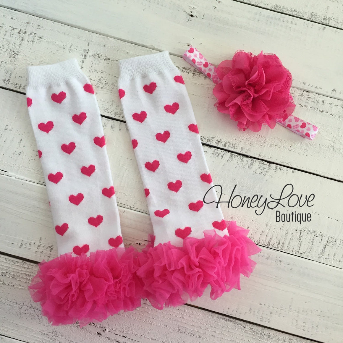 White/Hot Pink Hearts ruffle bottom leg warmers and matching headband - HoneyLoveBoutique