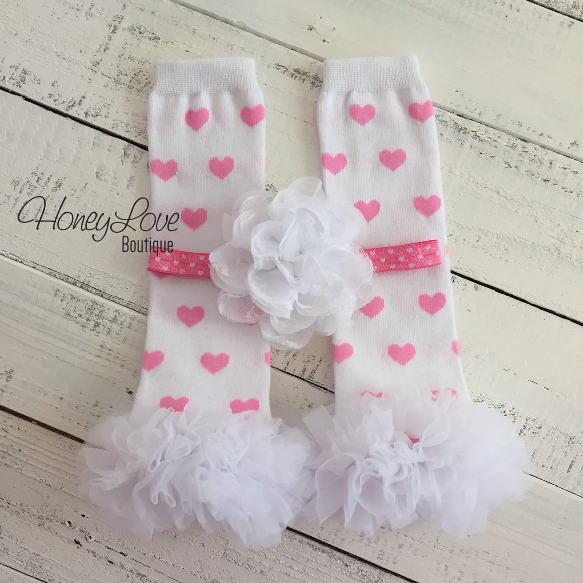 White/Light Pink Heart leg warmers and flower headband - HoneyLoveBoutique