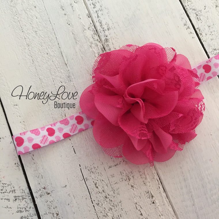 Hot Pink and White hearts flower headband - HoneyLoveBoutique