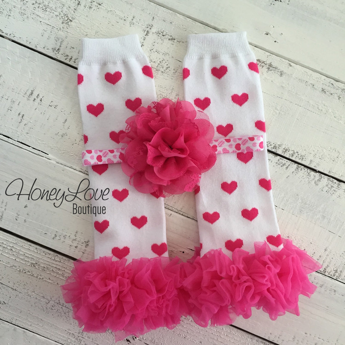 White/Hot Pink Hearts ruffle bottom leg warmers and matching headband - HoneyLoveBoutique