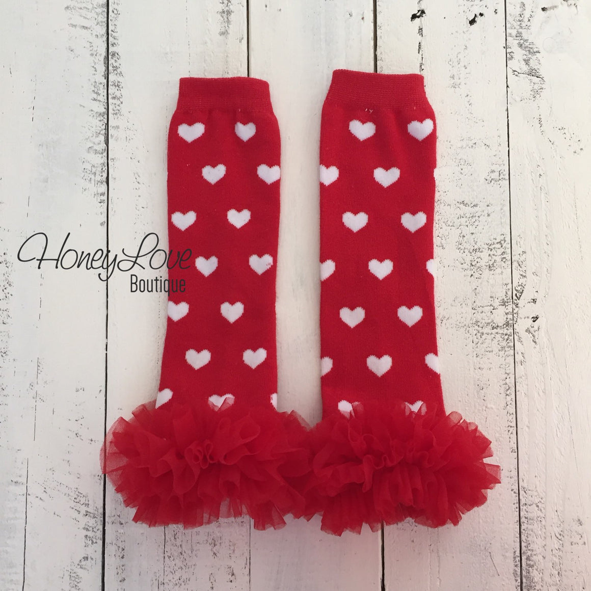 Red/White Heart leg warmers, red flower headband, red ruffle bottom bloomers - HoneyLoveBoutique