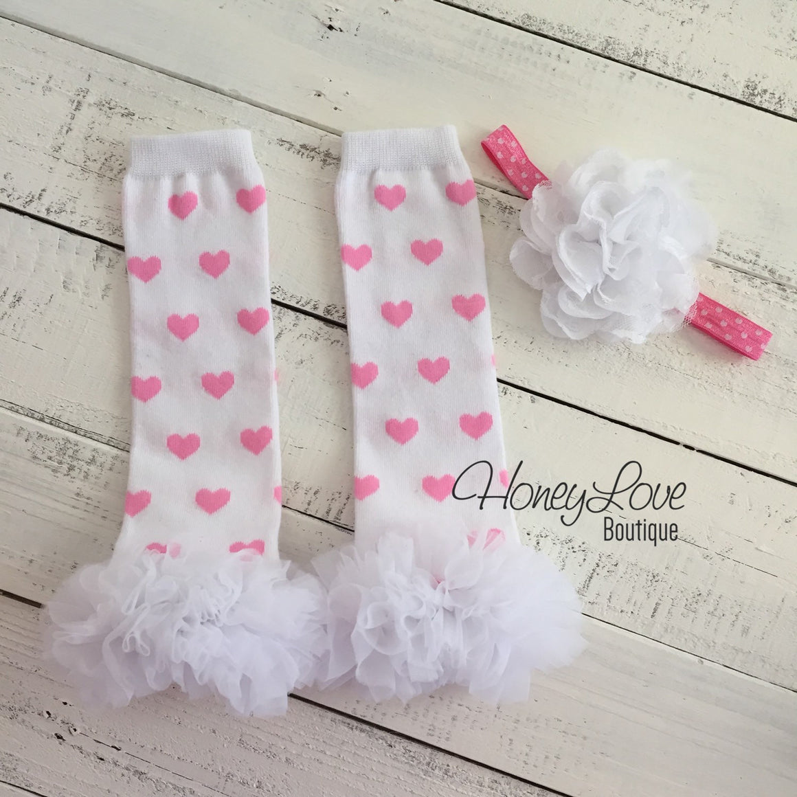 White/Light Pink Heart leg warmers and flower headband - HoneyLoveBoutique