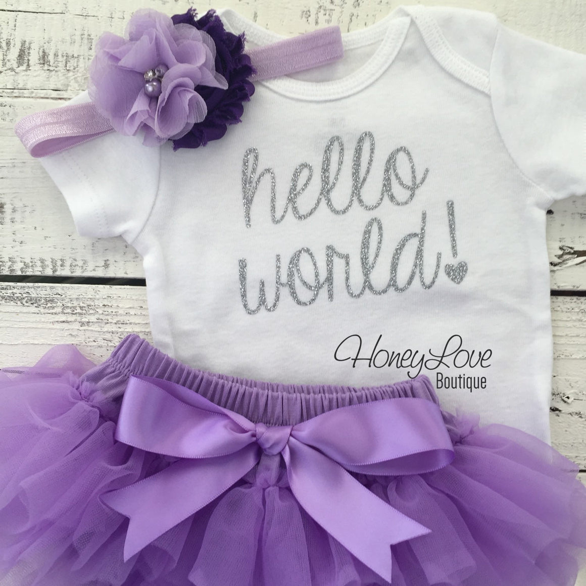 hello world! Outfit - Silver/Gold glitter and Lavender Purple - HoneyLoveBoutique