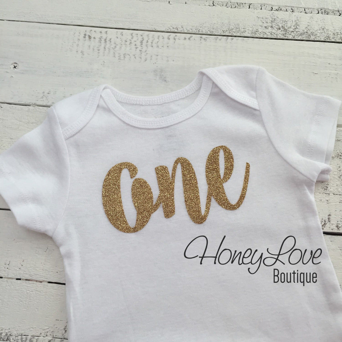 One - Birthday Outfit - Gold Glitter with Glitter Peach - HoneyLoveBoutique