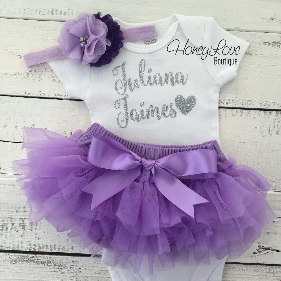 PERSONALIZED Name Outfit - Silver Glitter and Lavender Purple - HoneyLoveBoutique