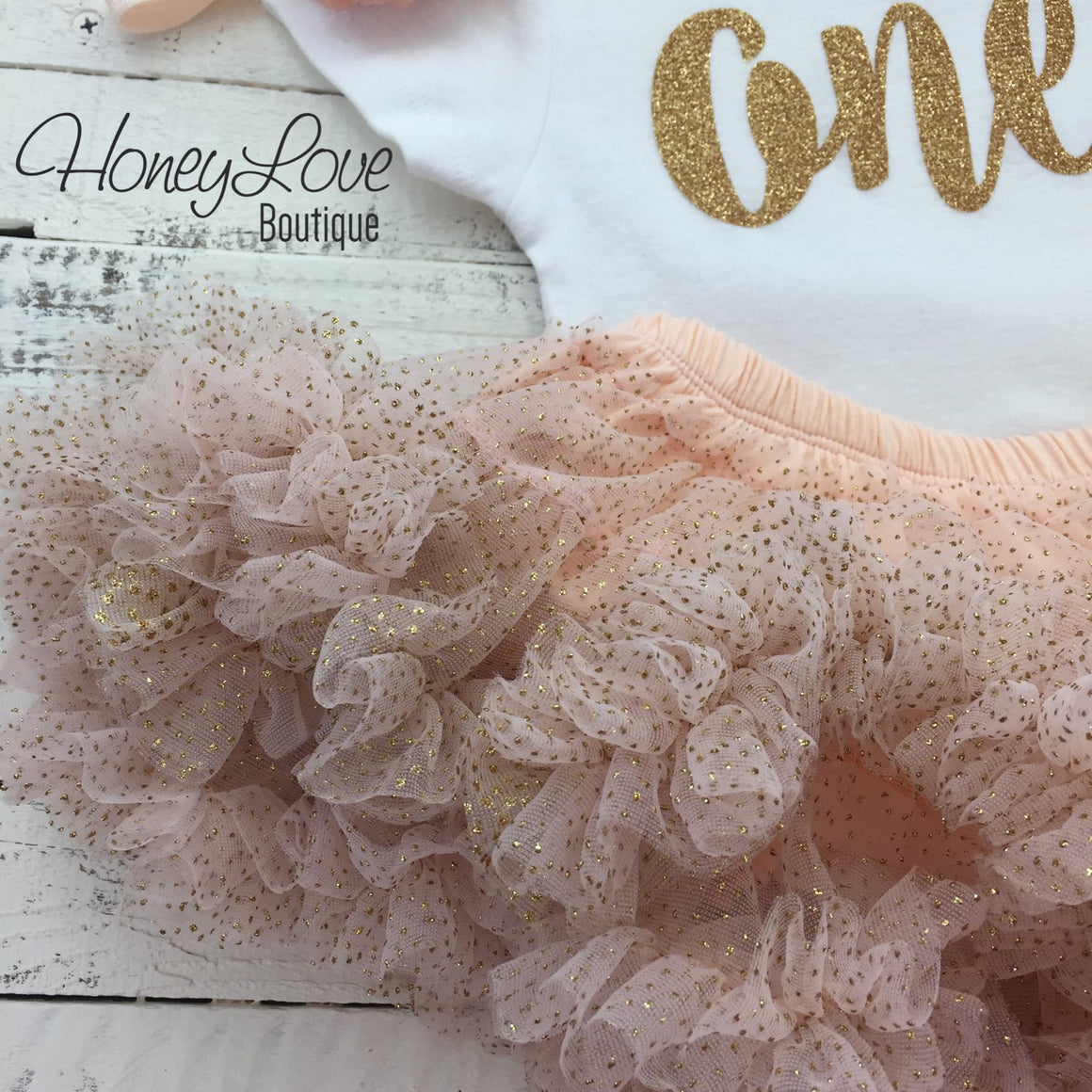 One - Birthday Outfit - Gold Glitter with Glitter Peach - HoneyLoveBoutique