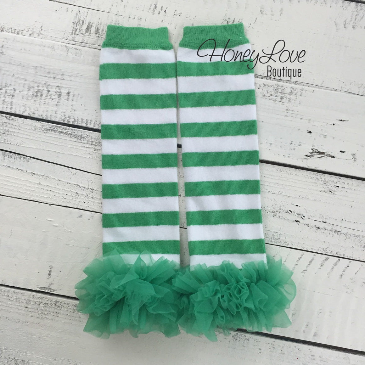 St. Patrick's Day Green/White//Stripe Shamrock leg warmers with green ruffles - HoneyLoveBoutique