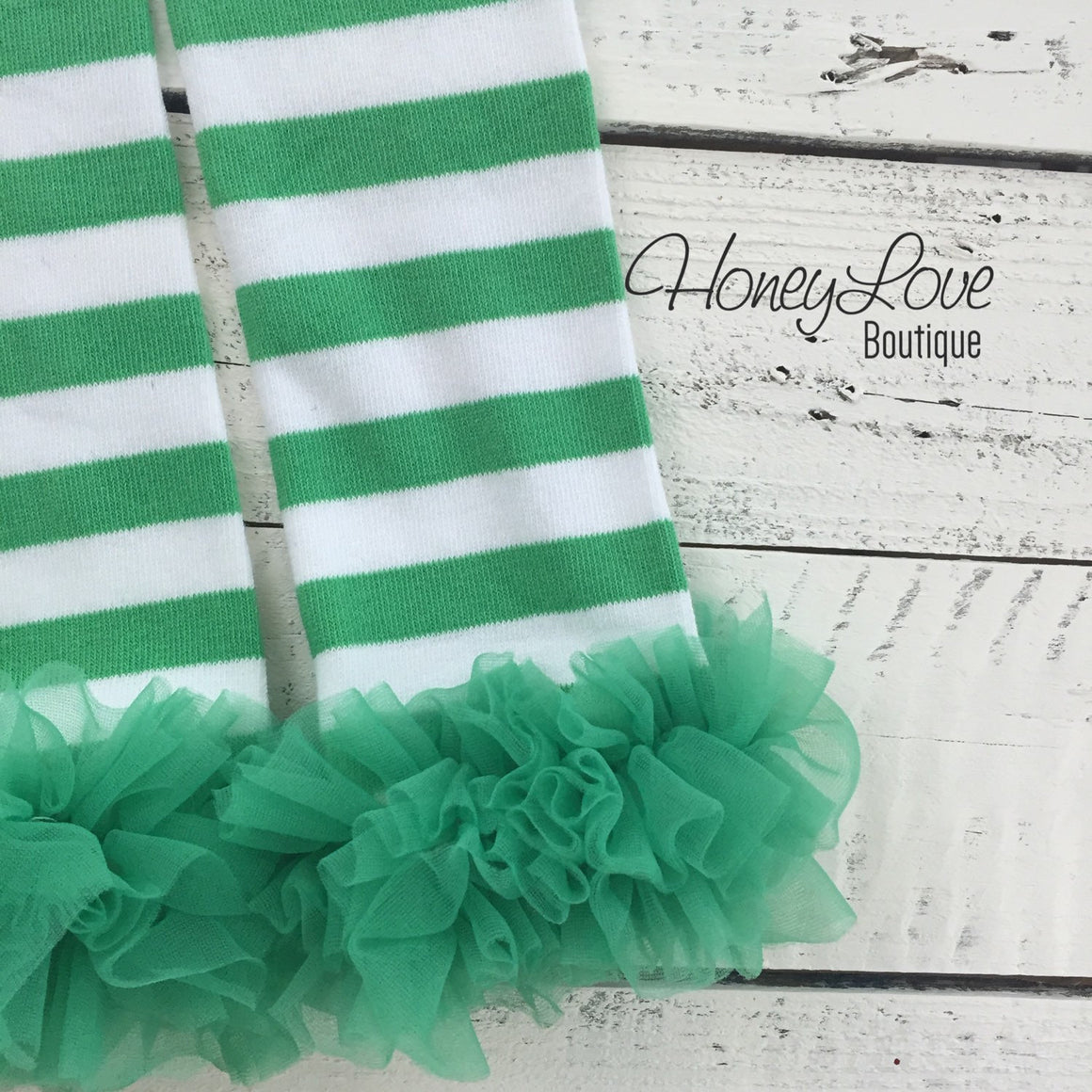 St. Patrick's Day Green/White//Stripe Shamrock leg warmers with green ruffles - HoneyLoveBoutique