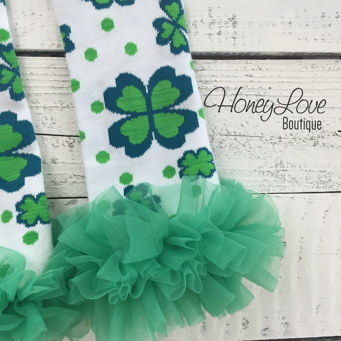 St. Patrick's Day Green/Navy Shamrock leg warmers with green ruffles - HoneyLoveBoutique